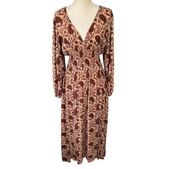Anthropologie Lusana Paisley Printed Long Sleeve Slit Front Maxi Dress Size Med - Picture 2 of 8